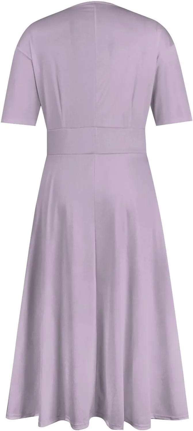 Elegant Formal Short Sleeve Midi Dress Trendy Sexy V Neck Ruched Flowy Party Dress Casual Swing Floral A Line Dress