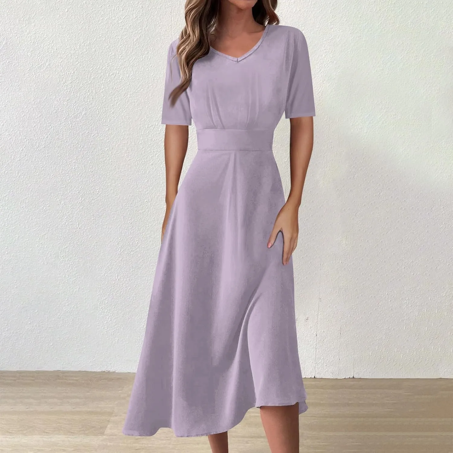 Elegant Formal Short Sleeve Midi Dress Trendy Sexy V Neck Ruched Flowy Party Dress Casual Swing Floral A Line Dress
