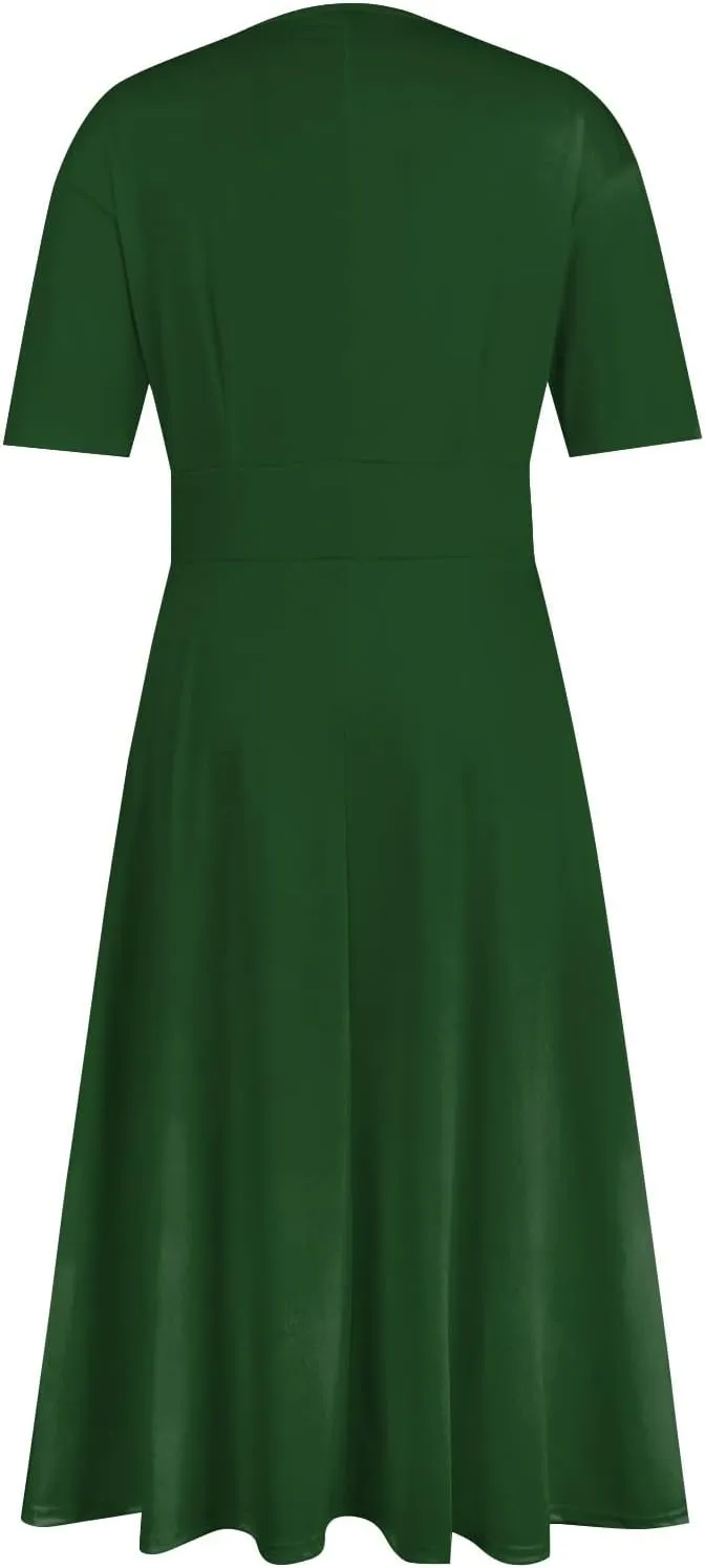 Elegant Formal Short Sleeve Midi Dress Trendy Sexy V Neck Ruched Flowy Party Dress Casual Swing Floral A Line Dress