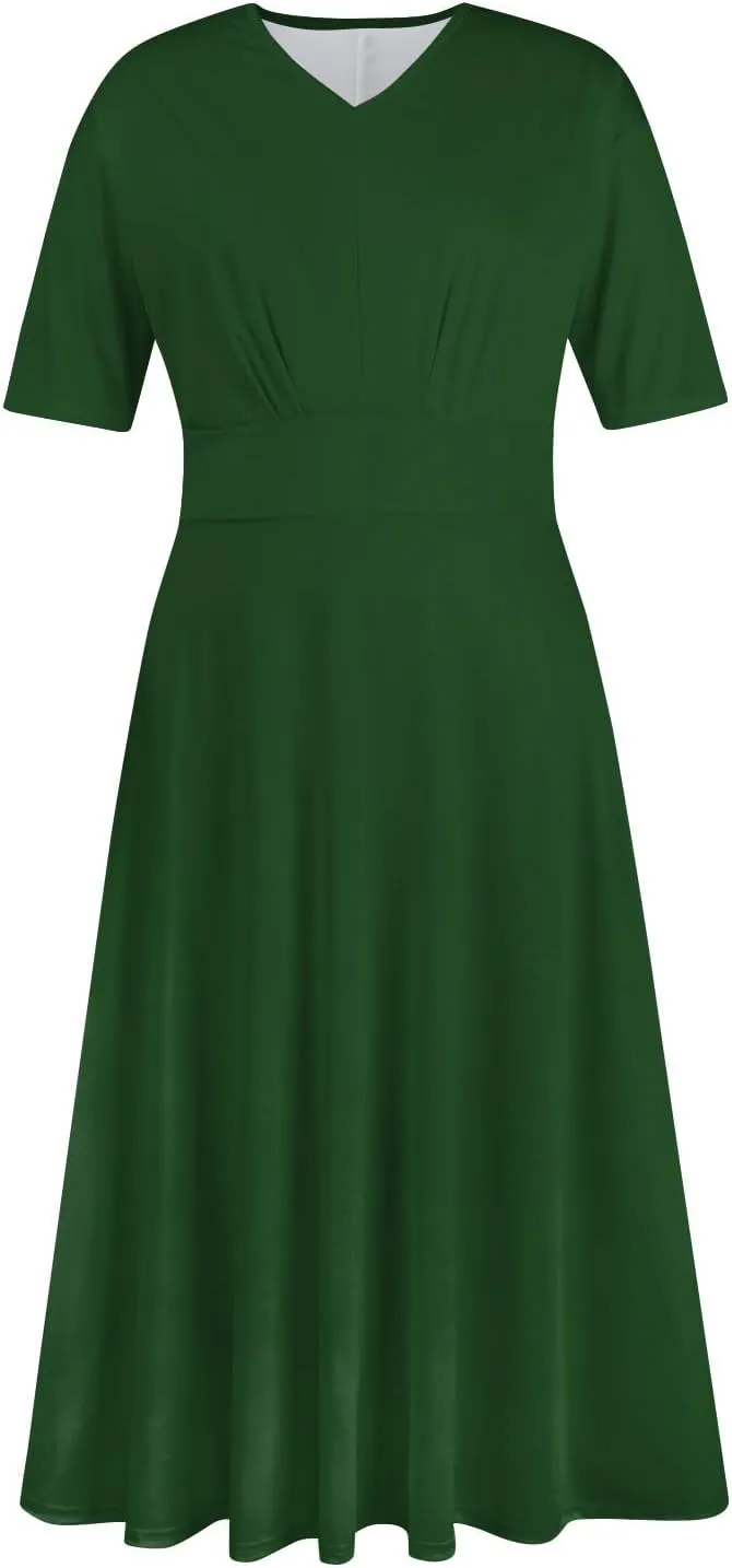 Elegant Formal Short Sleeve Midi Dress Trendy Sexy V Neck Ruched Flowy Party Dress Casual Swing Floral A Line Dress