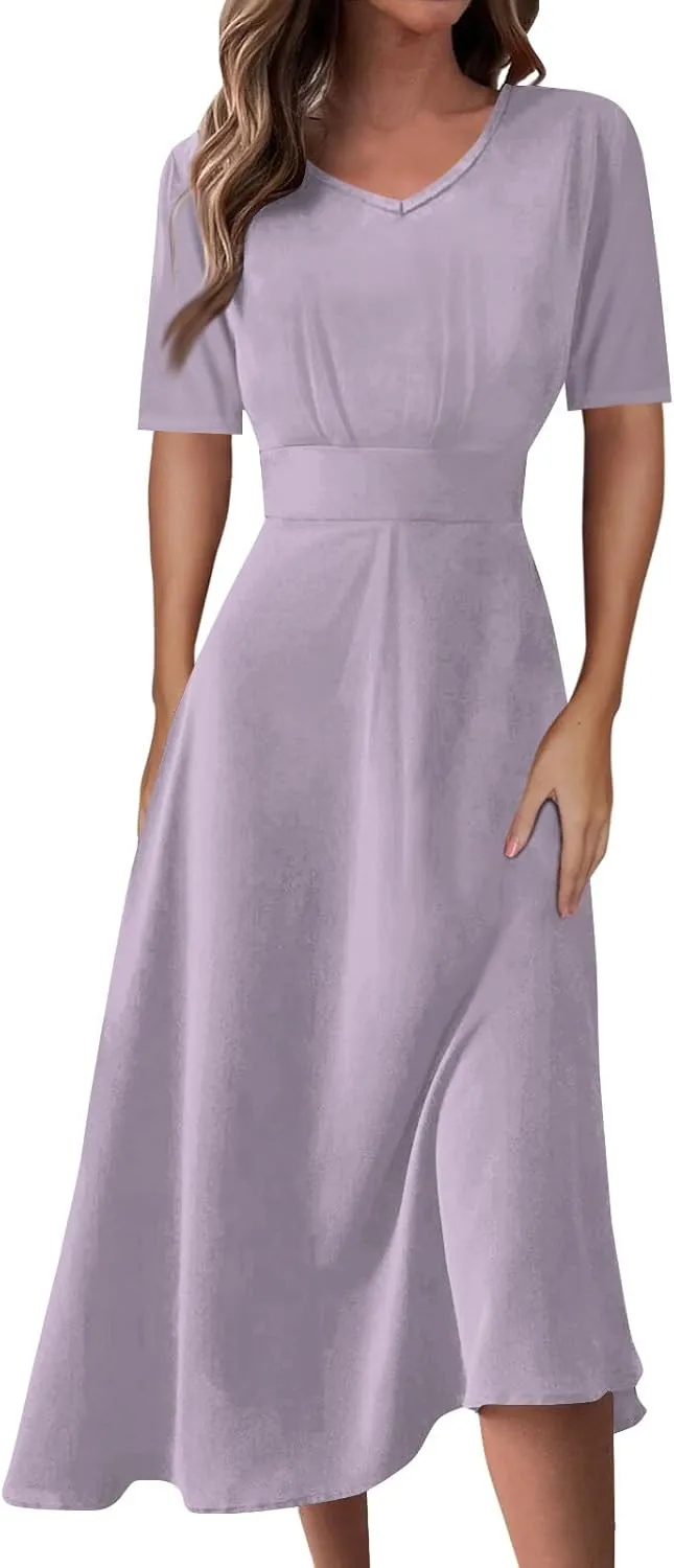 Elegant Formal Short Sleeve Midi Dress Trendy Sexy V Neck Ruched Flowy Party Dress Casual Swing Floral A Line Dress
