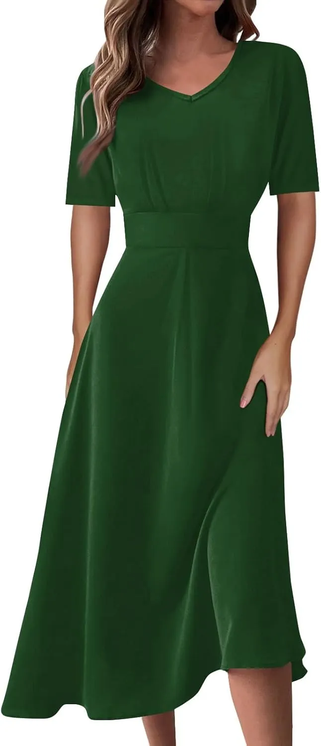 Elegant Formal Short Sleeve Midi Dress Trendy Sexy V Neck Ruched Flowy Party Dress Casual Swing Floral A Line Dress