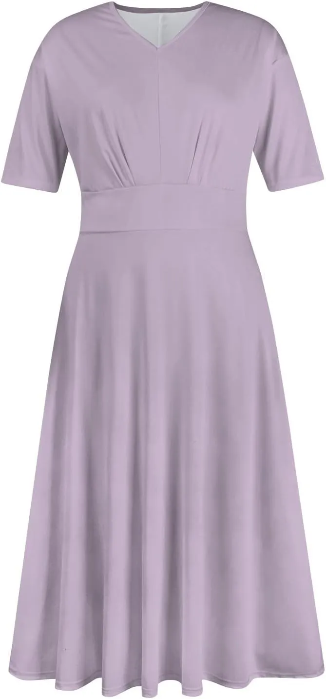 Elegant Formal Short Sleeve Midi Dress Trendy Sexy V Neck Ruched Flowy Party Dress Casual Swing Floral A Line Dress