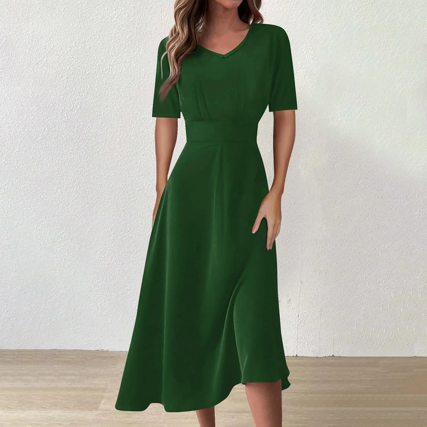 Elegant Formal Short Sleeve Midi Dress Trendy Sexy V Neck Ruched Flowy Party Dress Casual Swing Floral A Line Dress