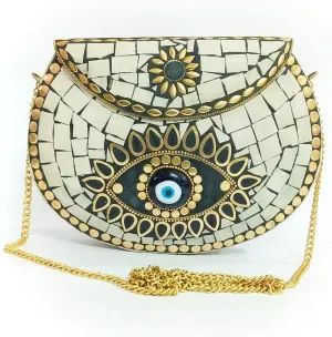 Evil eye retarder mosaic metal bag gift for her Handmade ethnic evening purse women bag milky white, White, medium