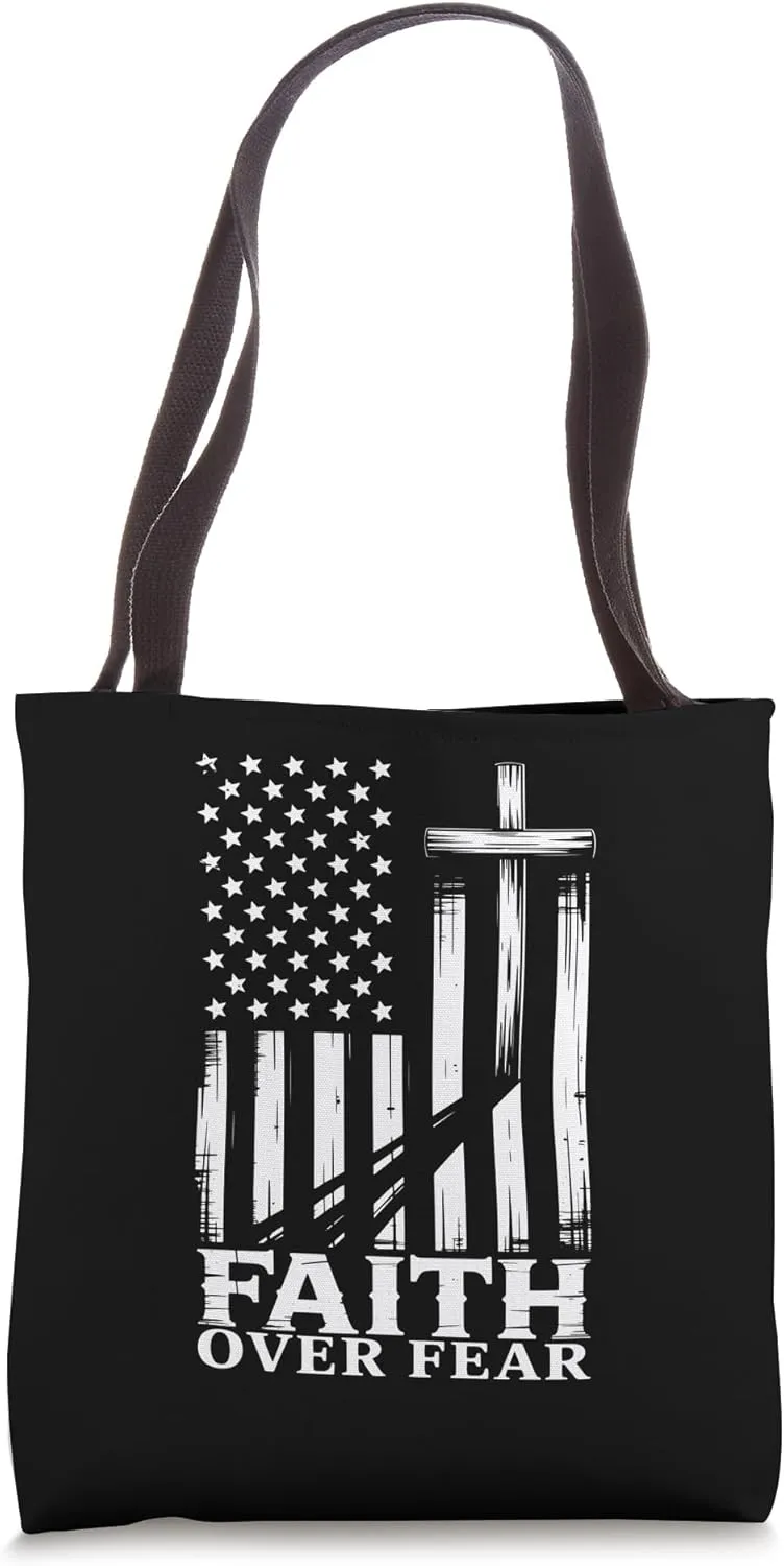 Faith Over Fear American Flag Cross Christian Patriotic Tote Bag