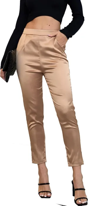 Fakanhui Women's Satin Silky Dress Casual Elastic High Waist Stretch Elegant Pants Trousers