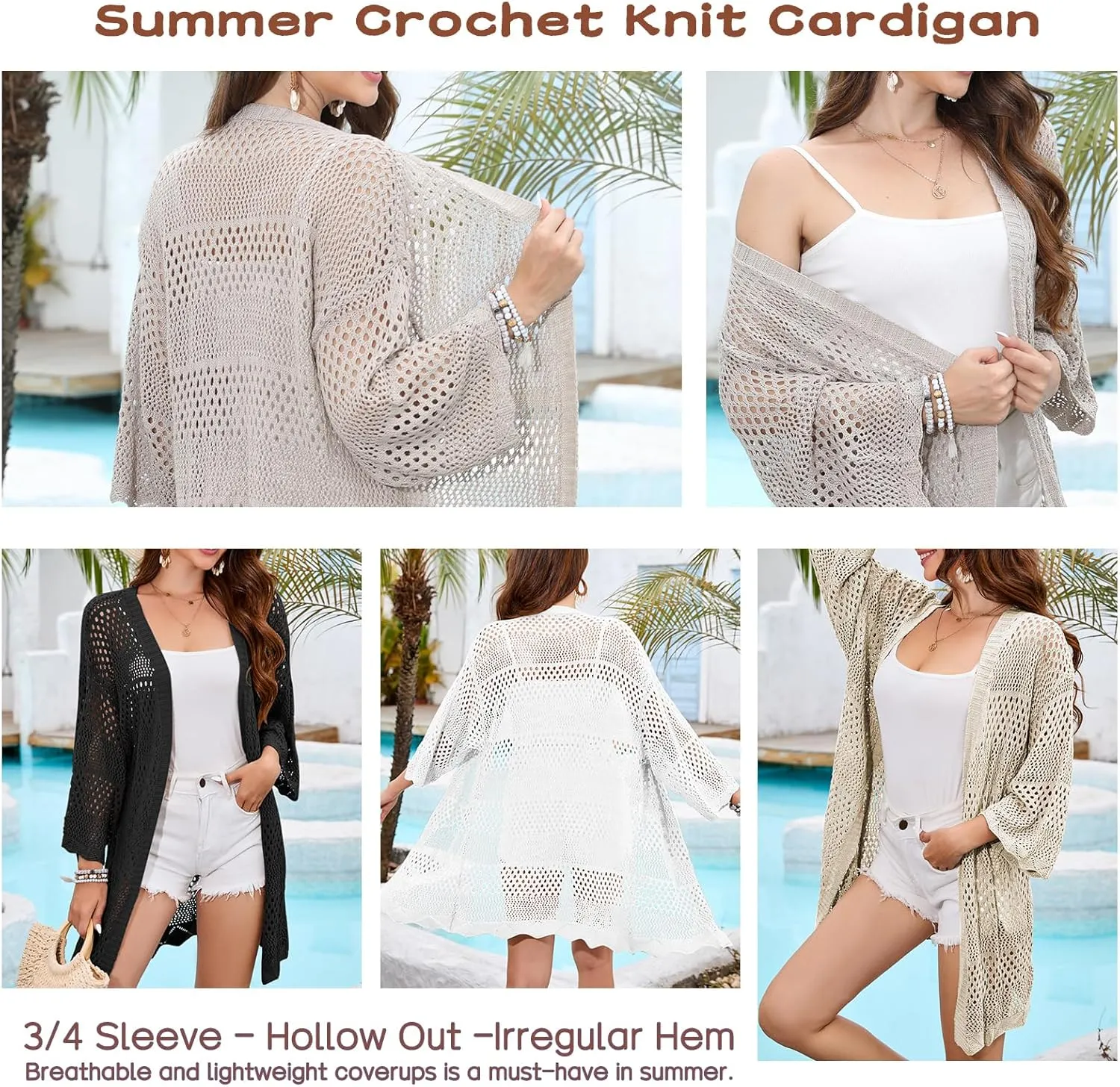 Famulily Womens Cute Crochet Knit Cardigan 3/4 Sleeve Hollow Out Open Front Cover Ups Tops