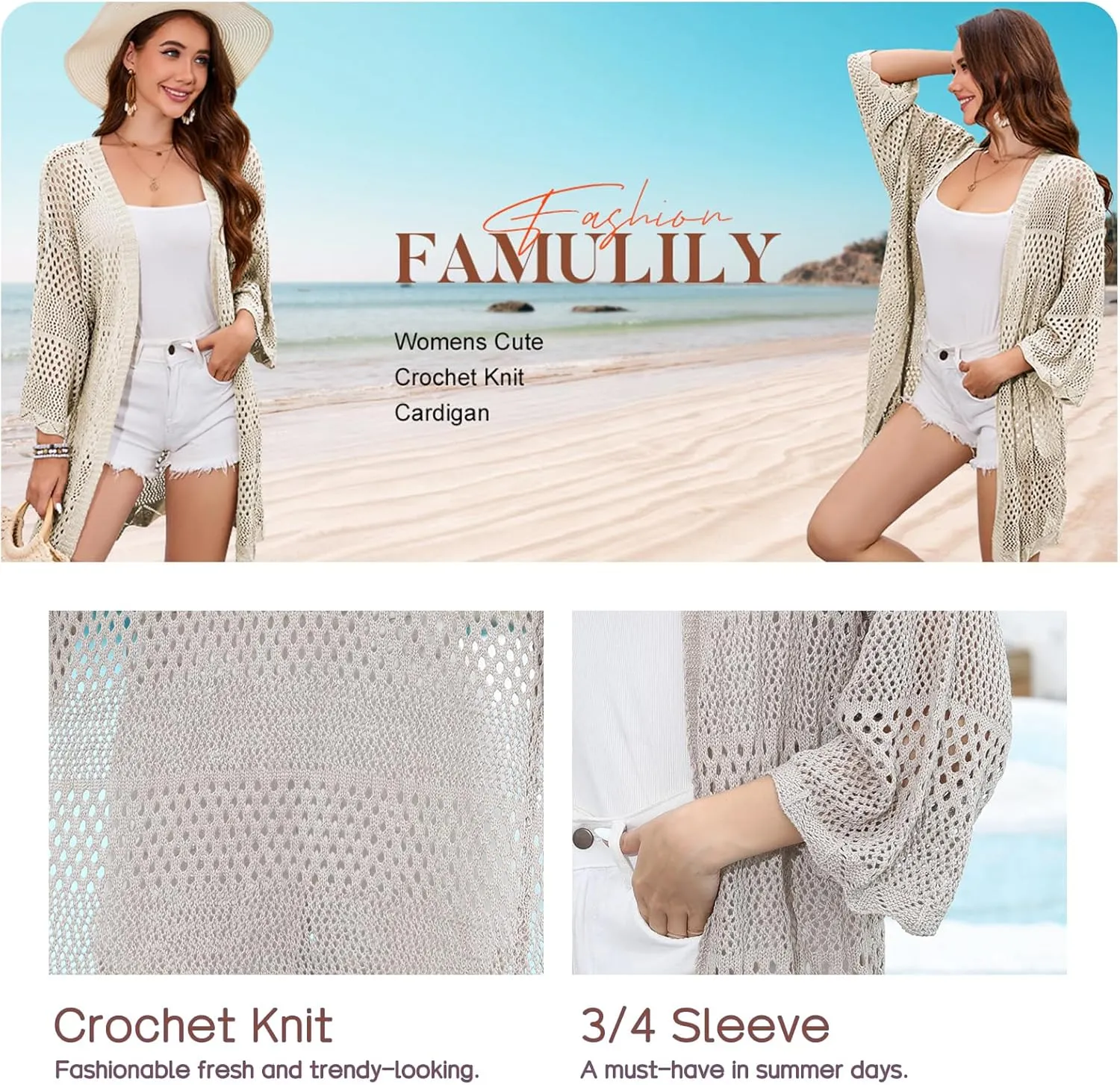 Famulily Womens Cute Crochet Knit Cardigan 3/4 Sleeve Hollow Out Open Front Cover Ups Tops