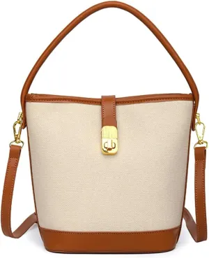 Fashion PU Leather Color Splicing Small Bucket Bag for Women Crossbody Shoulder Handbag Purse with Adjustable Strap