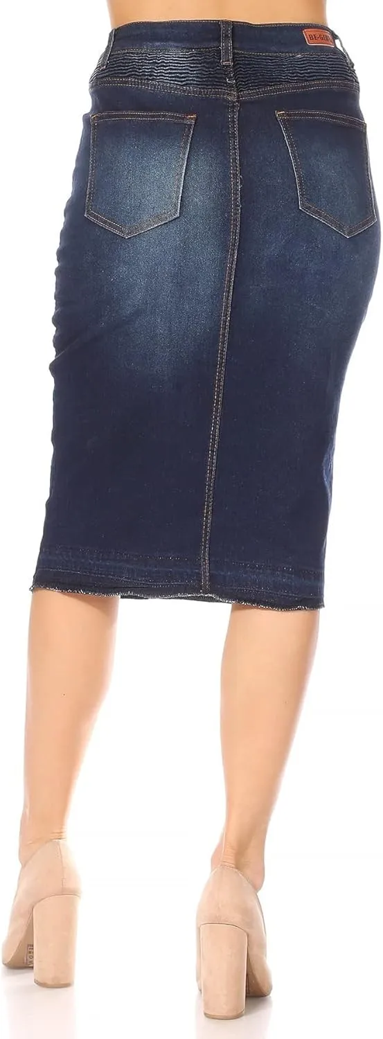 Fashion2Love Women's Juniors/Plus Size Middle - Length Stretch Denim Distressed Pencil Moto Skirt (79008)