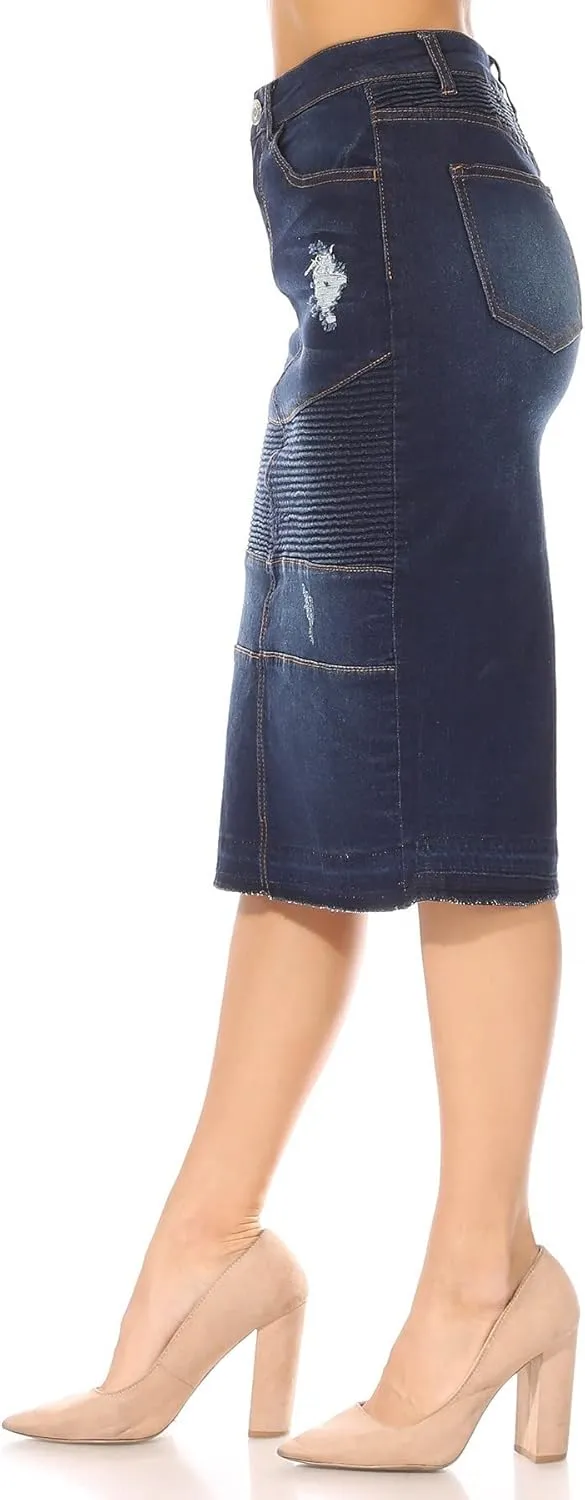 Fashion2Love Women's Juniors/Plus Size Middle - Length Stretch Denim Distressed Pencil Moto Skirt (79008)