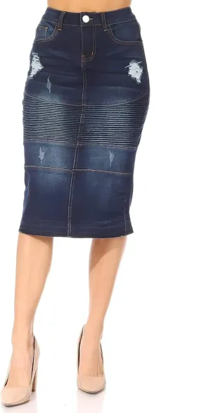 Fashion2Love Women's Juniors/Plus Size Middle - Length Stretch Denim Distressed Pencil Moto Skirt (79008)