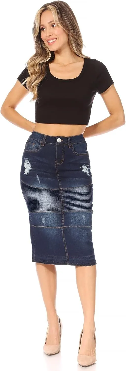 Fashion2Love Women's Juniors/Plus Size Middle - Length Stretch Denim Distressed Pencil Moto Skirt (79008)
