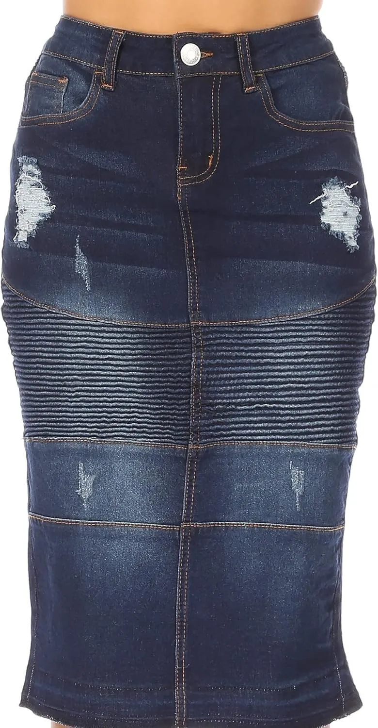 Fashion2Love Women's Juniors/Plus Size Middle - Length Stretch Denim Distressed Pencil Moto Skirt (79008)