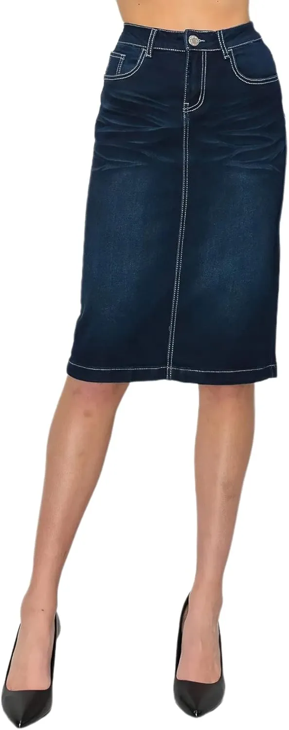 Fashion2Love Women's Juniors/Plus Size Middle - Length Stretch Denim Pencil Skirt (77247)