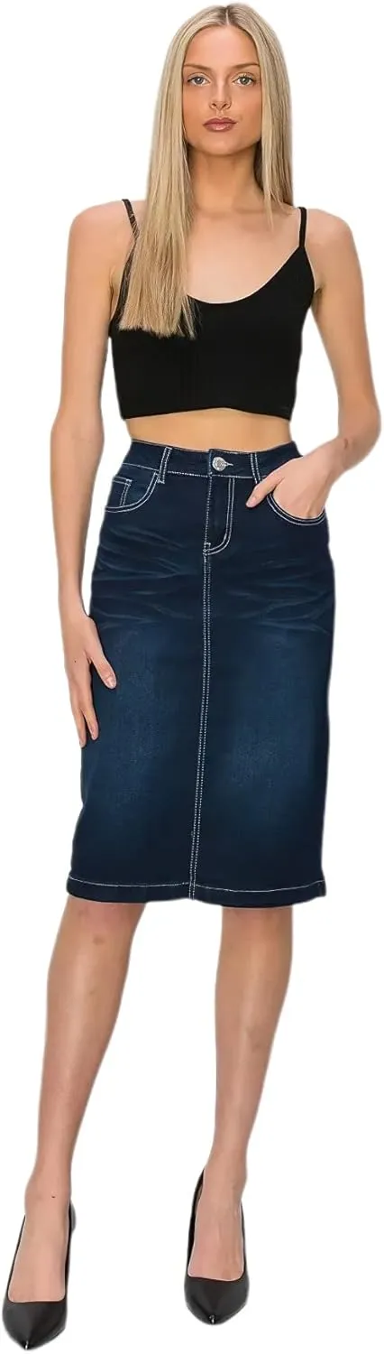 Fashion2Love Women's Juniors/Plus Size Middle - Length Stretch Denim Pencil Skirt (77247)