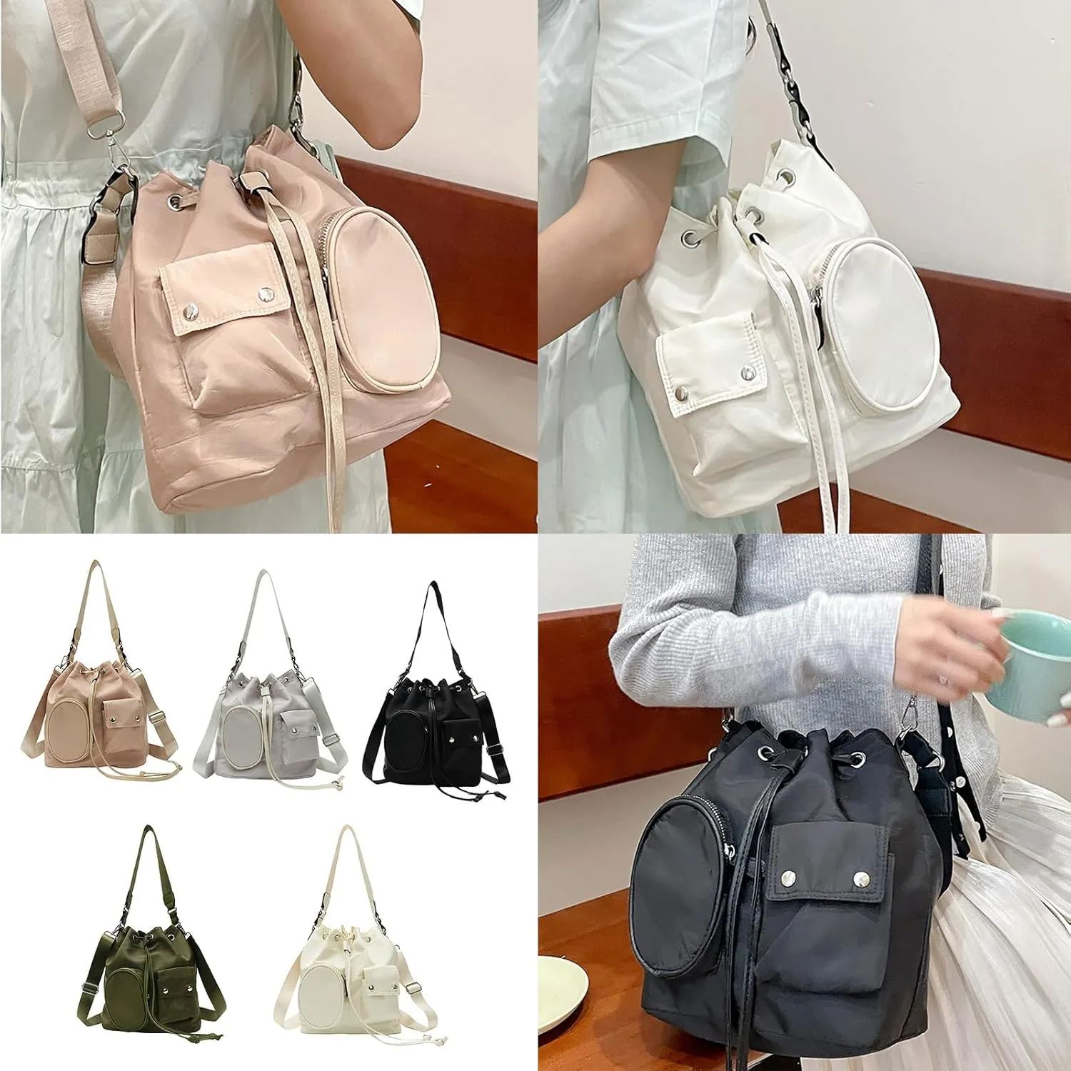 Fashionable Korean Styles Nylon Crossbody Bag with Drawstring for Women Large Capacity Bucket Bag Shoulder Handbag Purse