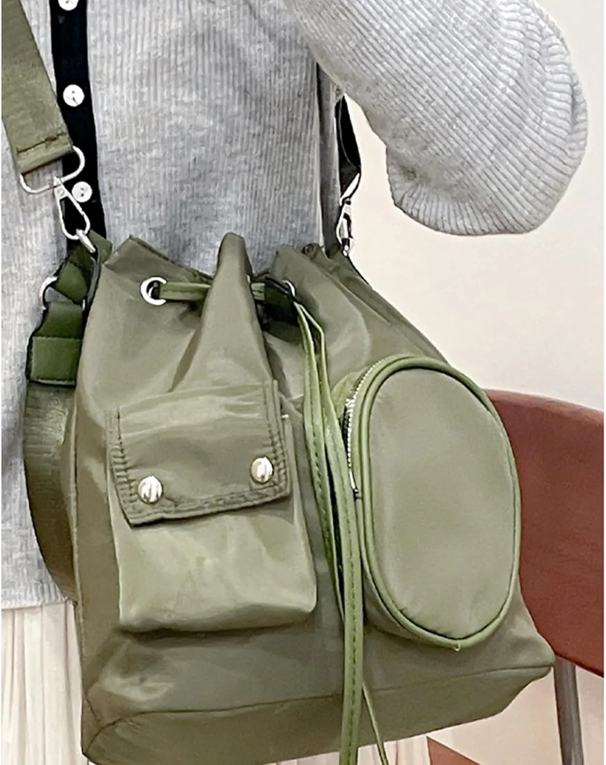 Fashionable Korean Styles Nylon Crossbody Bag with Drawstring for Women Large Capacity Bucket Bag Shoulder Handbag Purse
