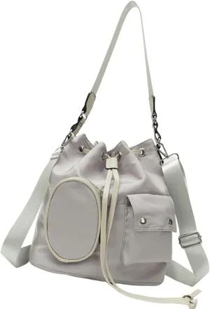 Fashionable Korean Styles Nylon Crossbody Bag with Drawstring for Women Large Capacity Bucket Bag Shoulder Handbag Purse