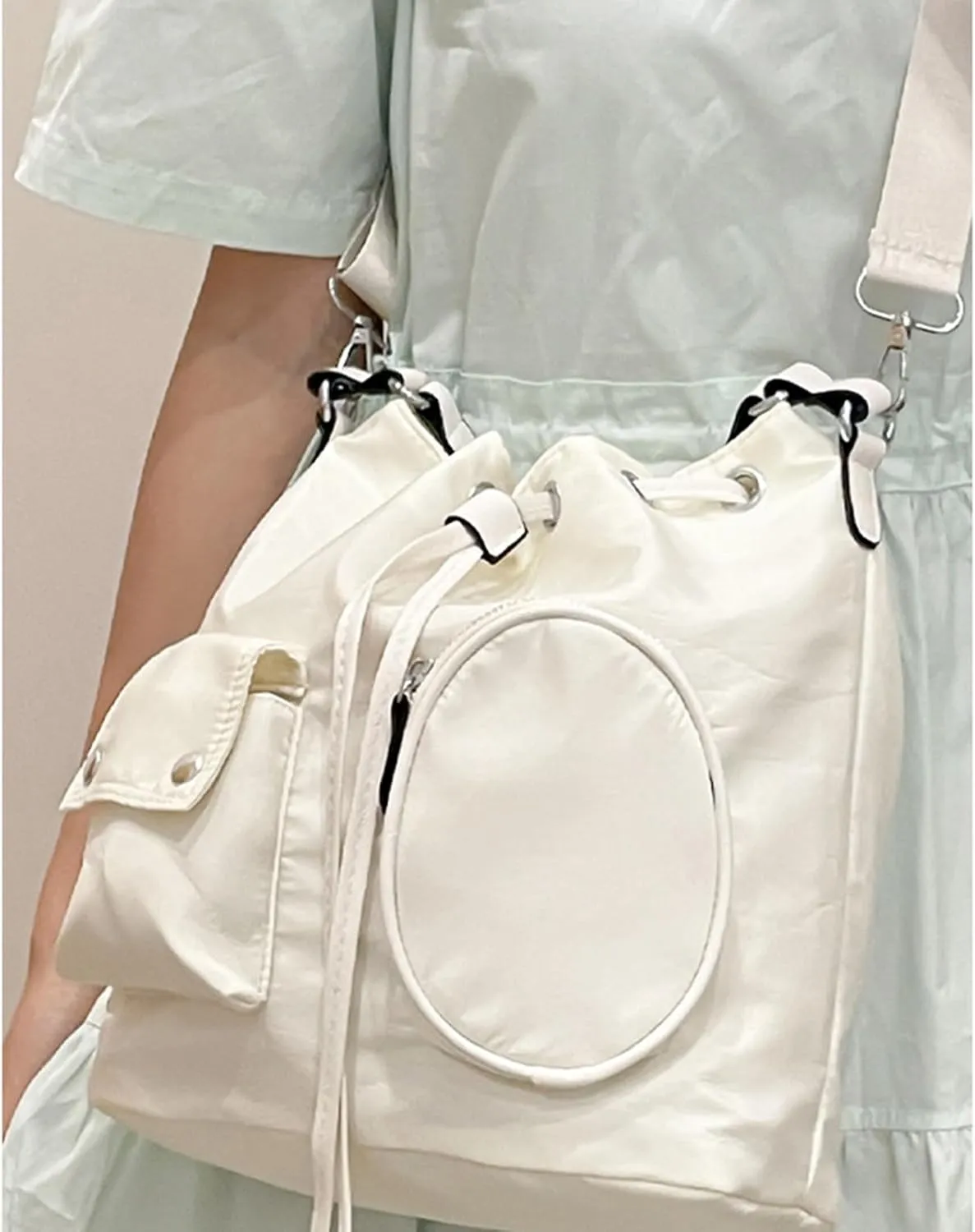 Fashionable Korean Styles Nylon Crossbody Bag with Drawstring for Women Large Capacity Bucket Bag Shoulder Handbag Purse