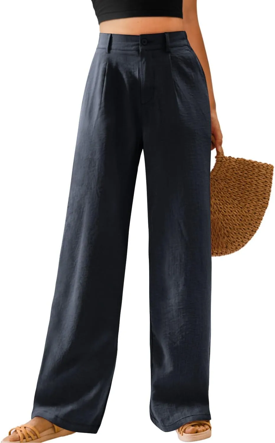 Feiersi Womens Casual Wide Leg Pants High Waisted Button Down Straight Long Trousers Palazzo Pants