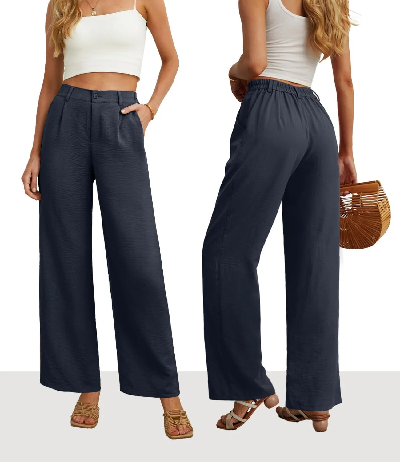 Feiersi Womens Casual Wide Leg Pants High Waisted Button Down Straight Long Trousers Palazzo Pants