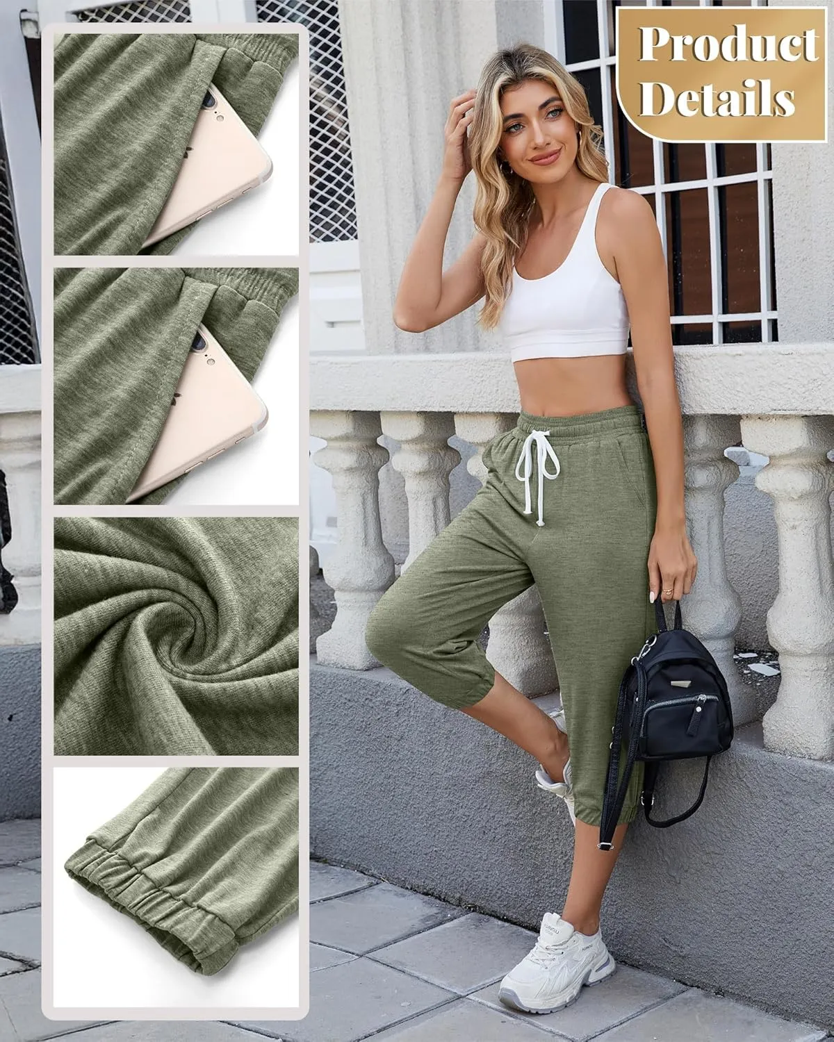 Ficerd 3 Pcs Women's Capri Sweatpants Joggers Summer Casual Sports Cropped Lounge Pants High Waisted Athletic with Pockets