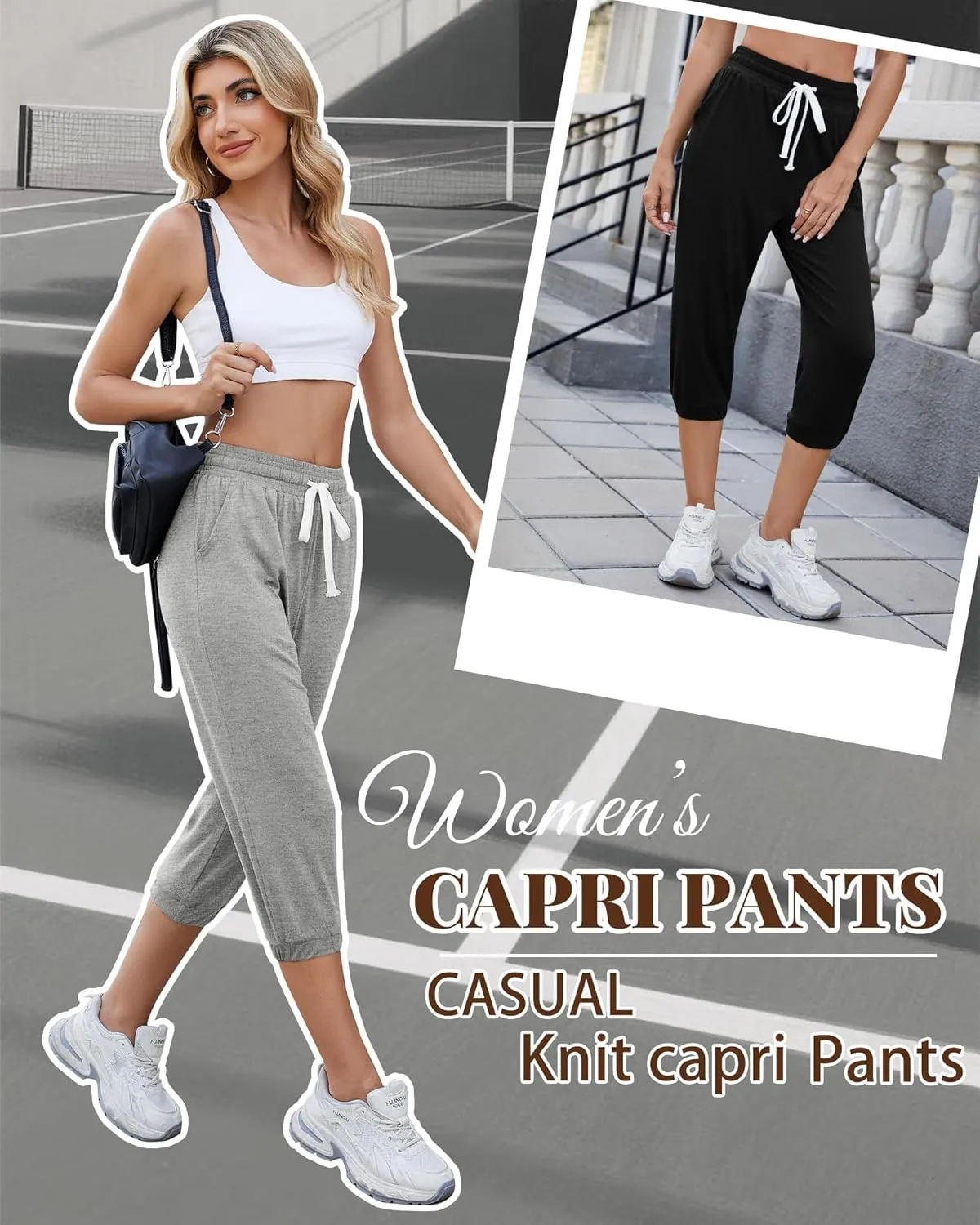 Ficerd 3 Pcs Women's Capri Sweatpants Joggers Summer Casual Sports Cropped Lounge Pants High Waisted Athletic with Pockets