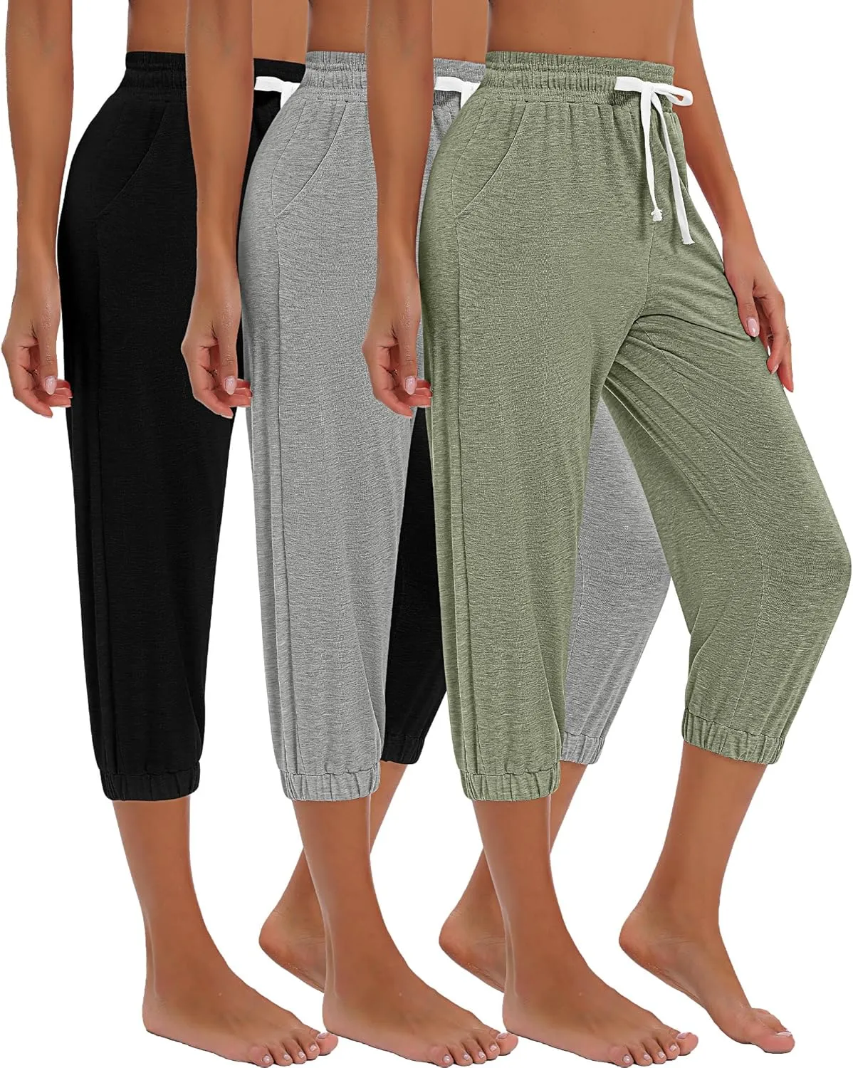Ficerd 3 Pcs Women's Capri Sweatpants Joggers Summer Casual Sports Cropped Lounge Pants High Waisted Athletic with Pockets