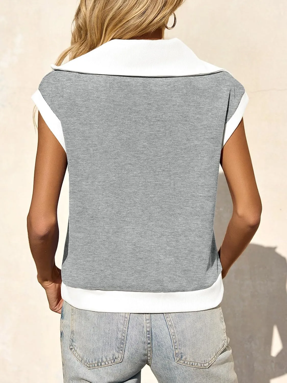 Fisoew Womens Half Zip Sweatshirts Short Sleeve Color Block Lapel V Neck Loose Summer Pullover Tops