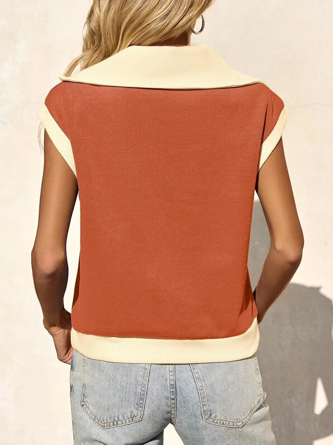 Fisoew Womens Half Zip Sweatshirts Short Sleeve Color Block Lapel V Neck Loose Summer Pullover Tops