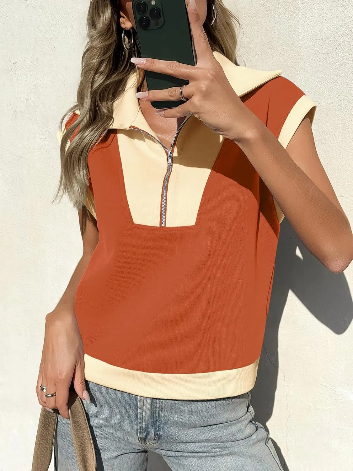 Fisoew Womens Half Zip Sweatshirts Short Sleeve Color Block Lapel V Neck Loose Summer Pullover Tops