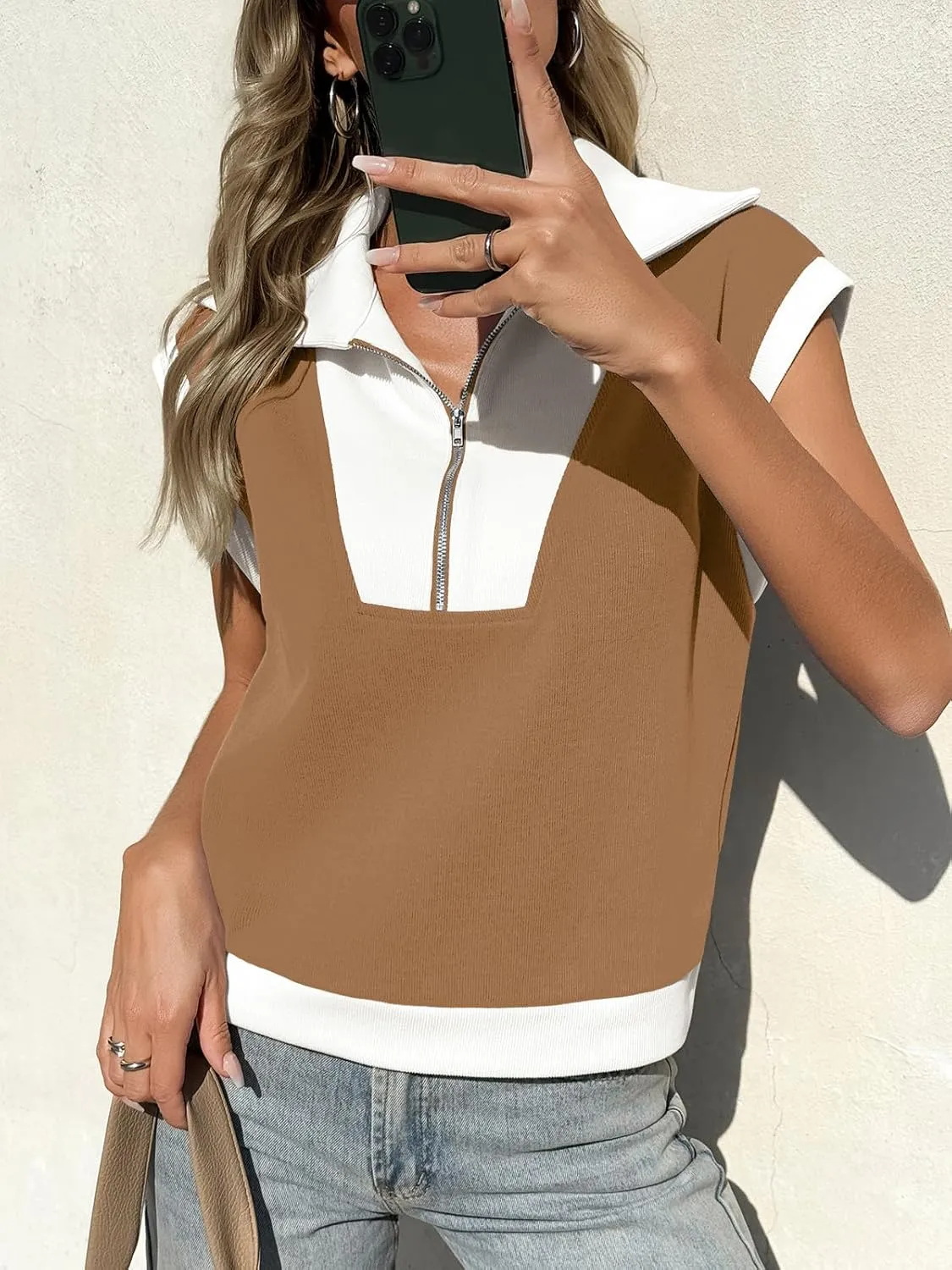 Fisoew Womens Half Zip Sweatshirts Short Sleeve Color Block Lapel V Neck Loose Summer Pullover Tops