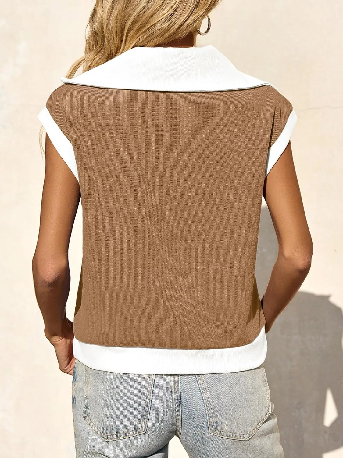 Fisoew Womens Half Zip Sweatshirts Short Sleeve Color Block Lapel V Neck Loose Summer Pullover Tops