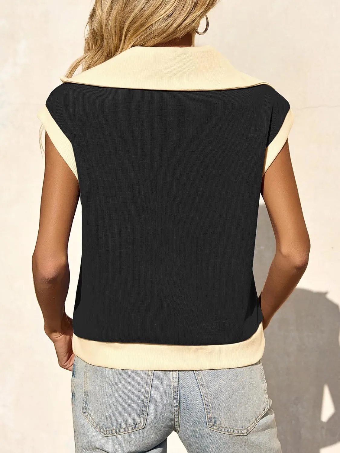 Fisoew Womens Half Zip Sweatshirts Short Sleeve Color Block Lapel V Neck Loose Summer Pullover Tops