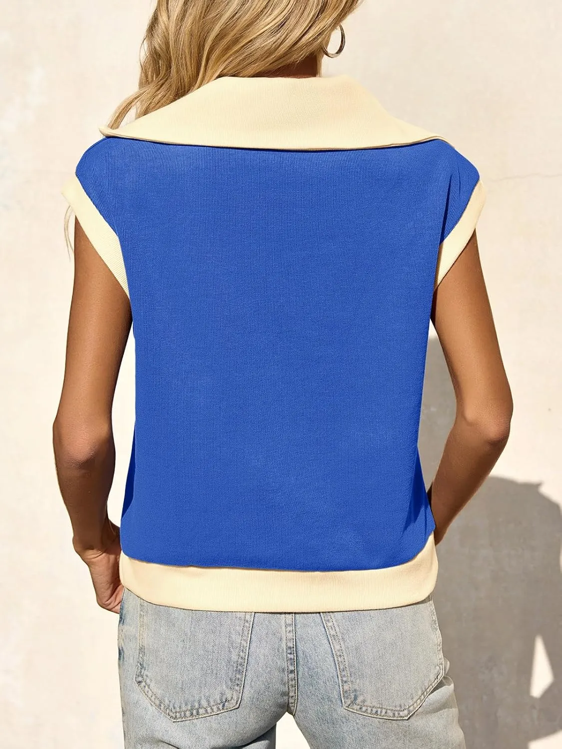 Fisoew Womens Half Zip Sweatshirts Short Sleeve Color Block Lapel V Neck Loose Summer Pullover Tops