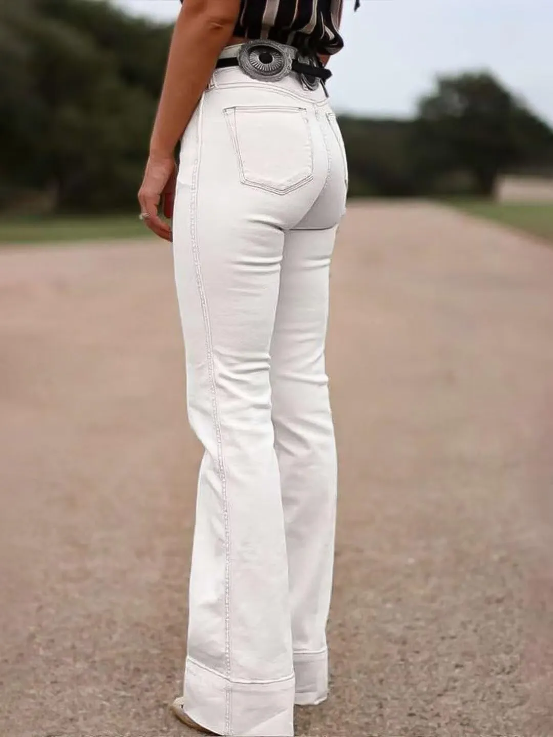 Flamingals Bootcut Pants for Women High Waist Casual Solid Stitch Detail Pants Without Belt