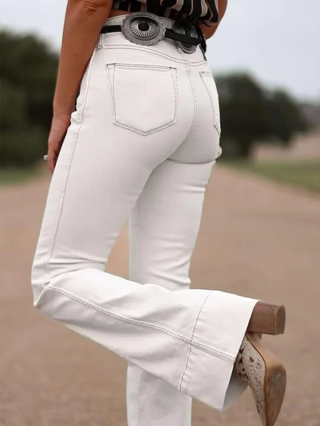Flamingals Bootcut Pants for Women High Waist Casual Solid Stitch Detail Pants Without Belt