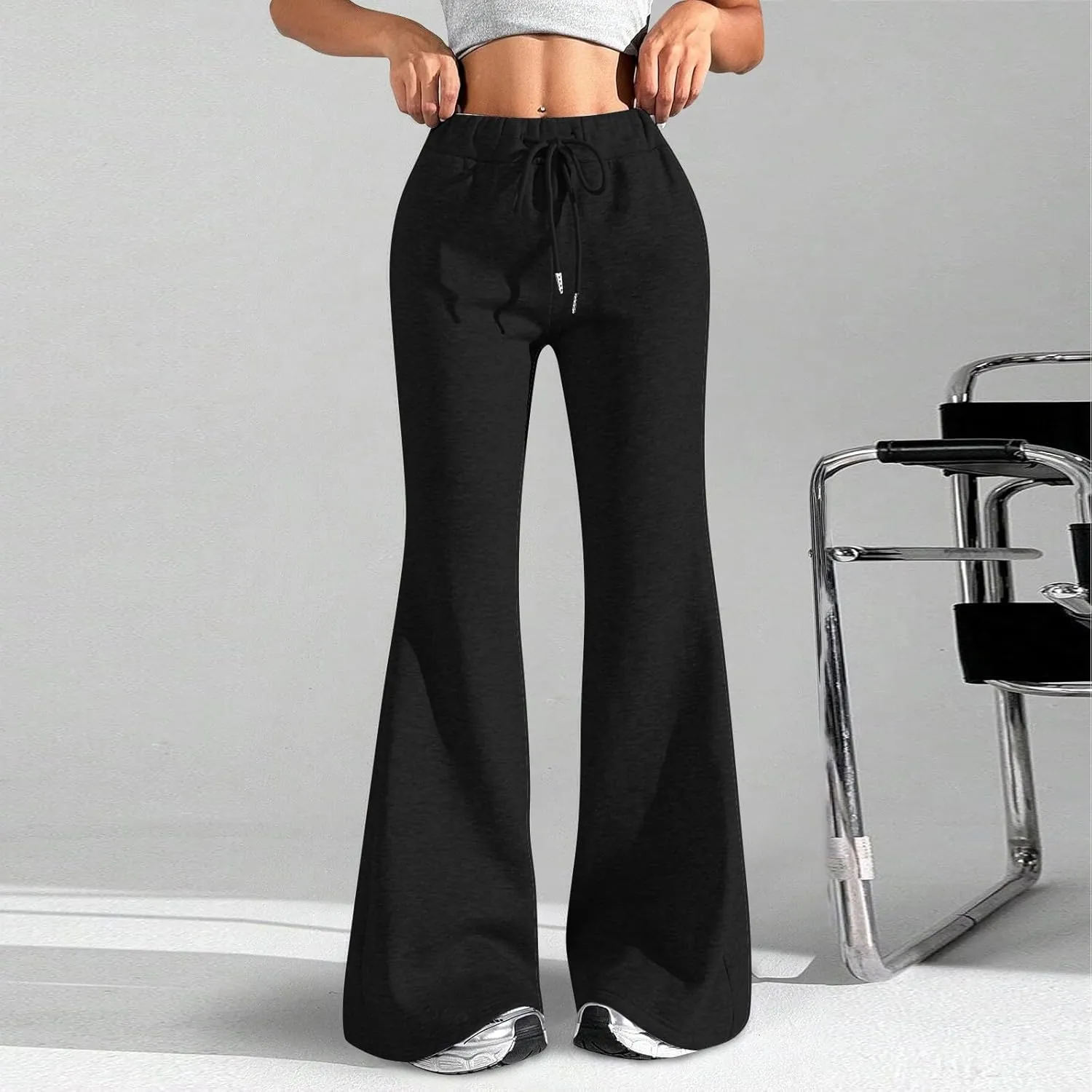 Flare Wide Leg Sweatpants Women Drawstring High Waisted Cotton Joggers Casual Flowy Bootcut Yoga Pants with Pockets