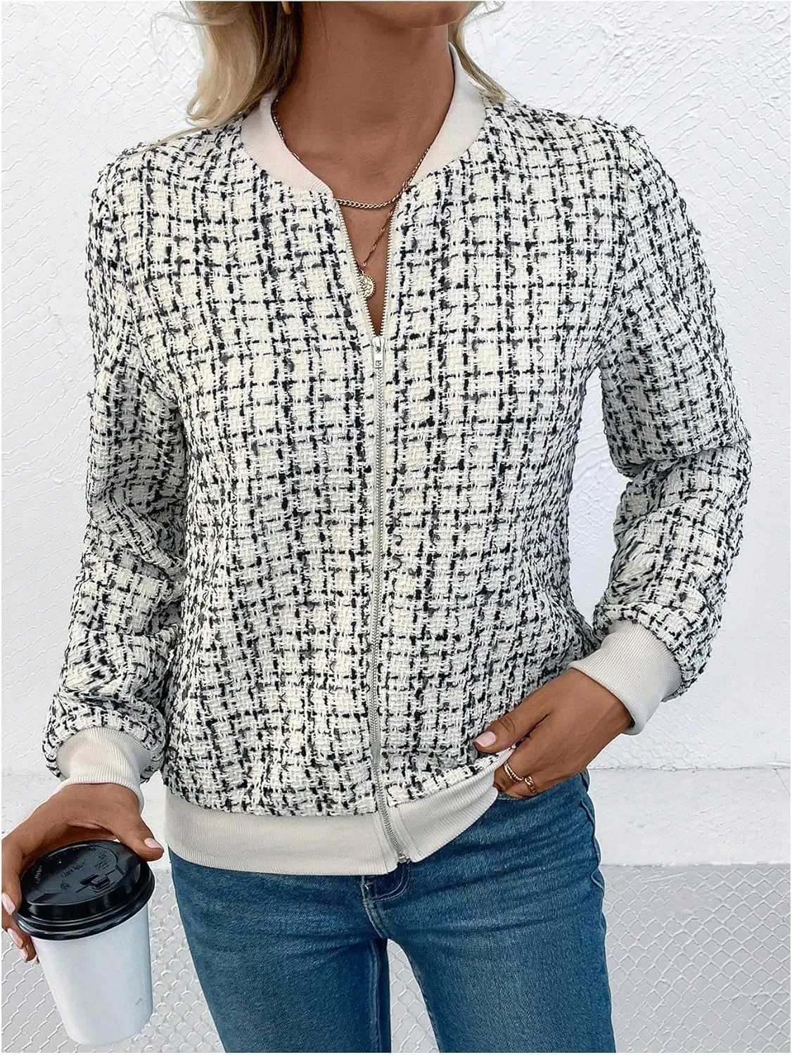 Floerns Women's Plaid Print Zip Up Bomber Jacket Casual Long Sleeve Coat Outwear