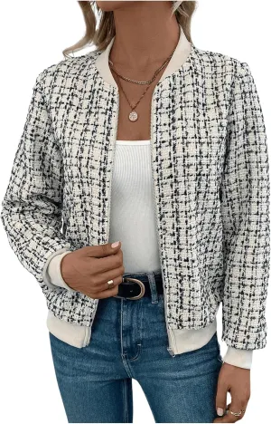 Floerns Women's Plaid Print Zip Up Bomber Jacket Casual Long Sleeve Coat Outwear