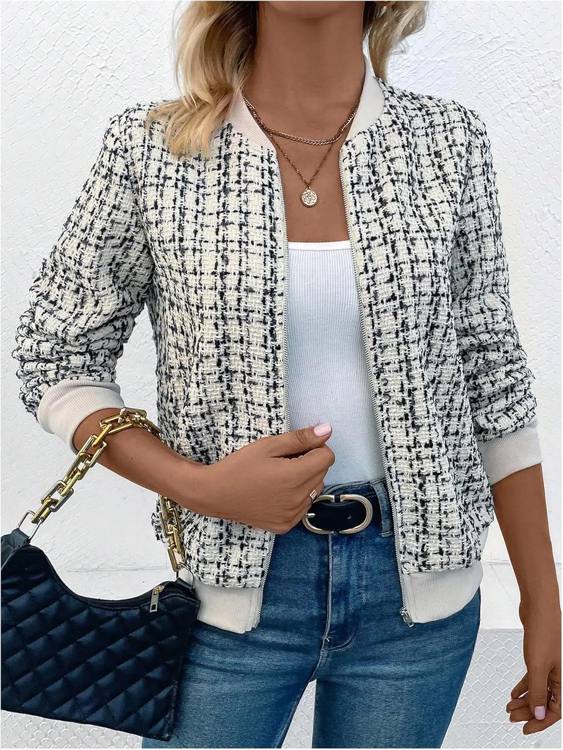 Floerns Women's Plaid Print Zip Up Bomber Jacket Casual Long Sleeve Coat Outwear