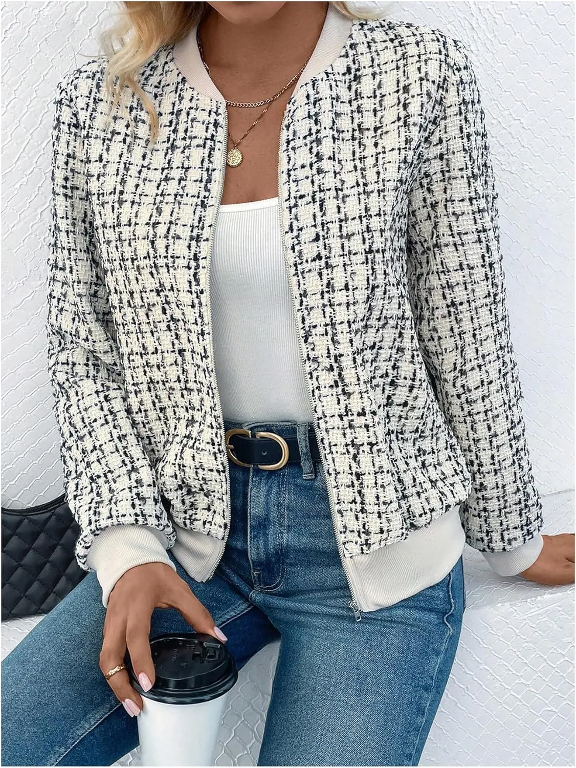 Floerns Women's Plaid Print Zip Up Bomber Jacket Casual Long Sleeve Coat Outwear