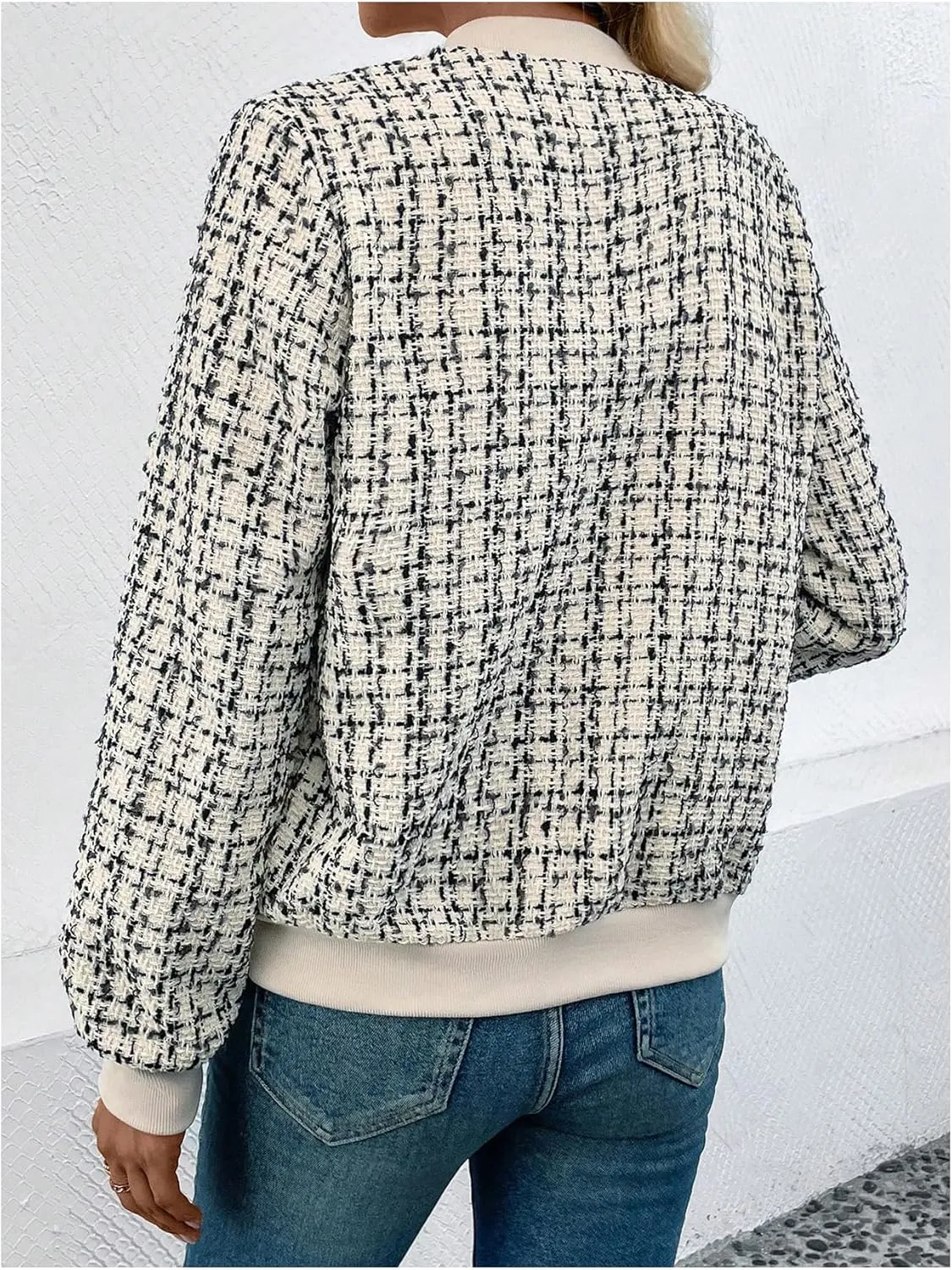 Floerns Women's Plaid Print Zip Up Bomber Jacket Casual Long Sleeve Coat Outwear