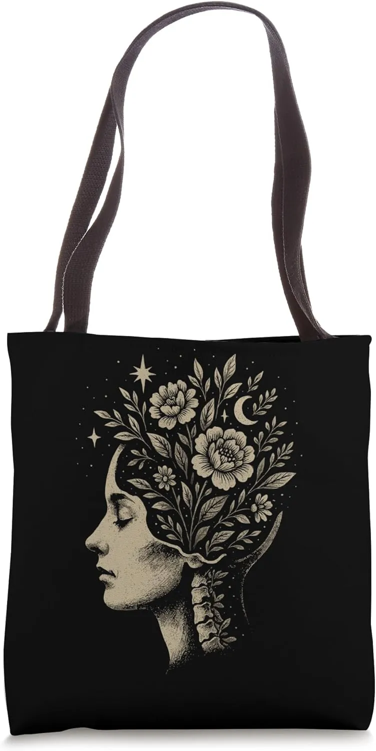 Floral Mind Bloom Woman Head Nature Art Stars Calm Tote Bag