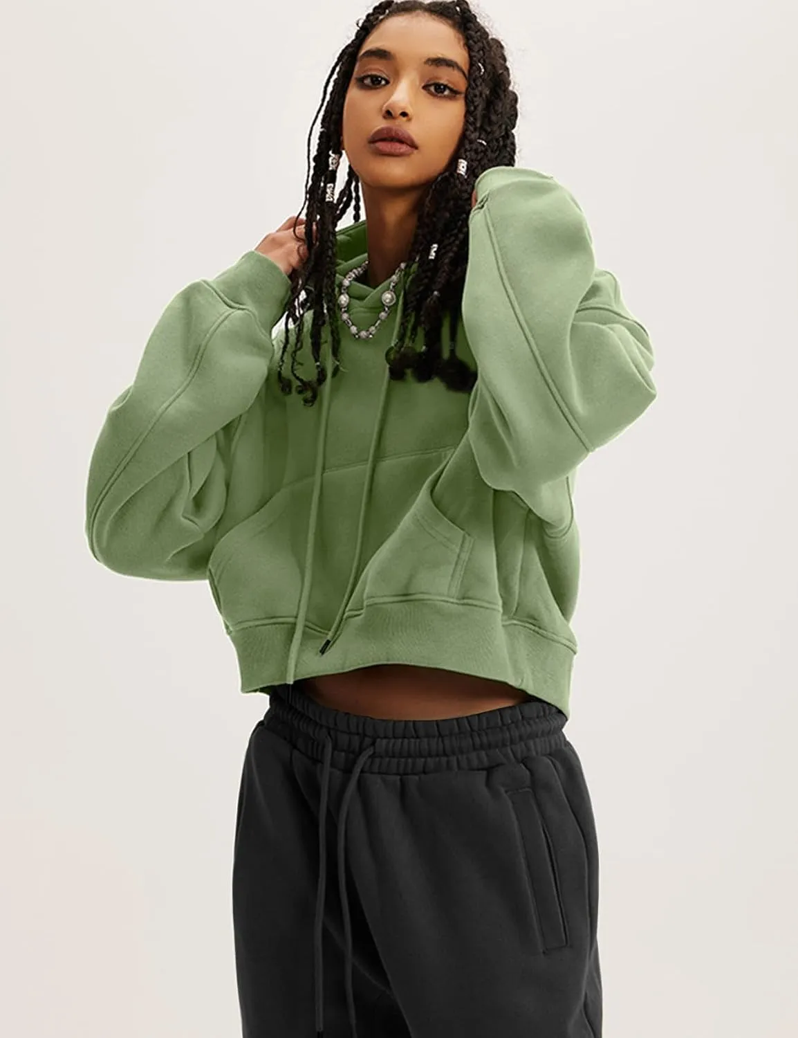 Flygo Womens Fleece Hoodie Sweatshirt Cropped Drawstring Hooded Crop Tops Pullover with Kangaroo Pocket