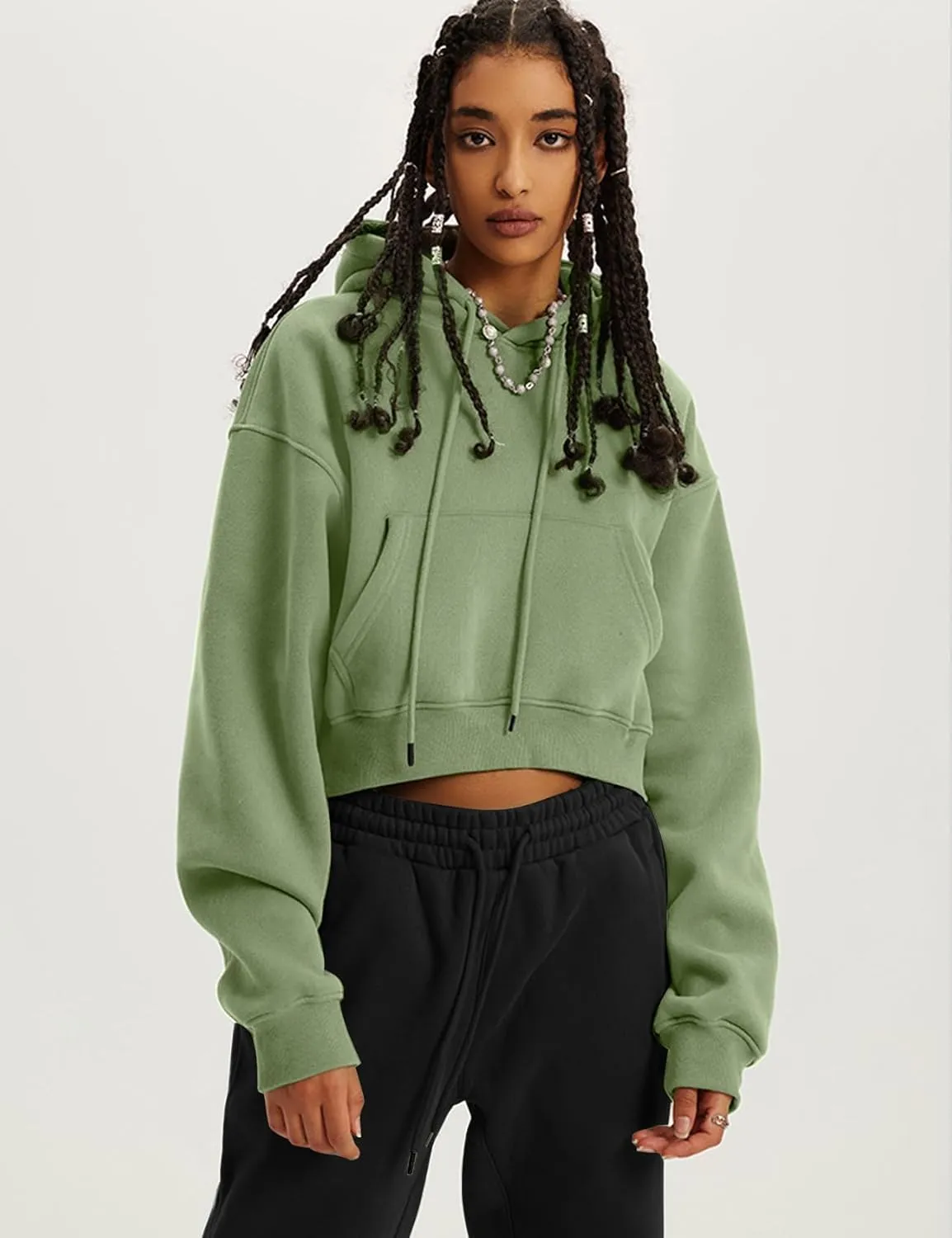 Flygo Womens Fleece Hoodie Sweatshirt Cropped Drawstring Hooded Crop Tops Pullover with Kangaroo Pocket