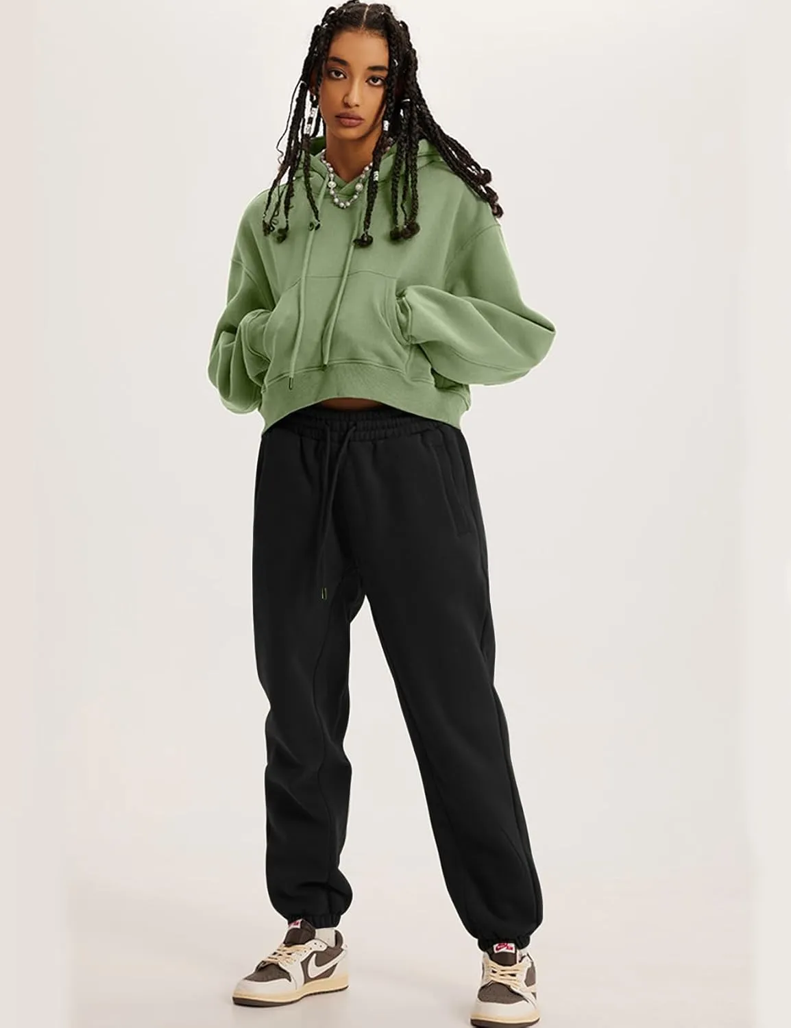 Flygo Womens Fleece Hoodie Sweatshirt Cropped Drawstring Hooded Crop Tops Pullover with Kangaroo Pocket