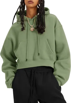 Flygo Womens Fleece Hoodie Sweatshirt Cropped Drawstring Hooded Crop Tops Pullover with Kangaroo Pocket